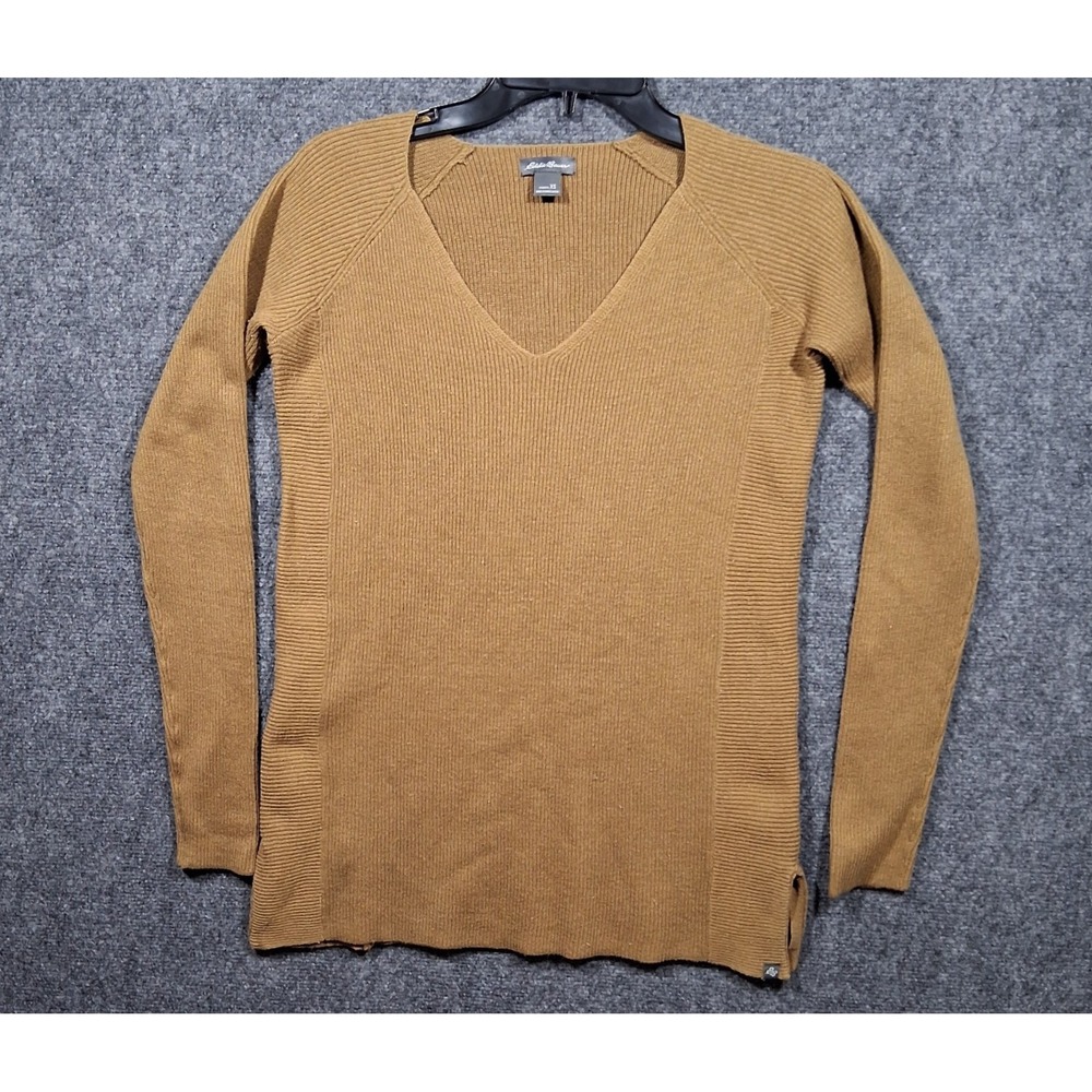 Eddie‎ Bauer Women Long Sleeve V-Neck Pullover Sweater Camel Brown Size XS